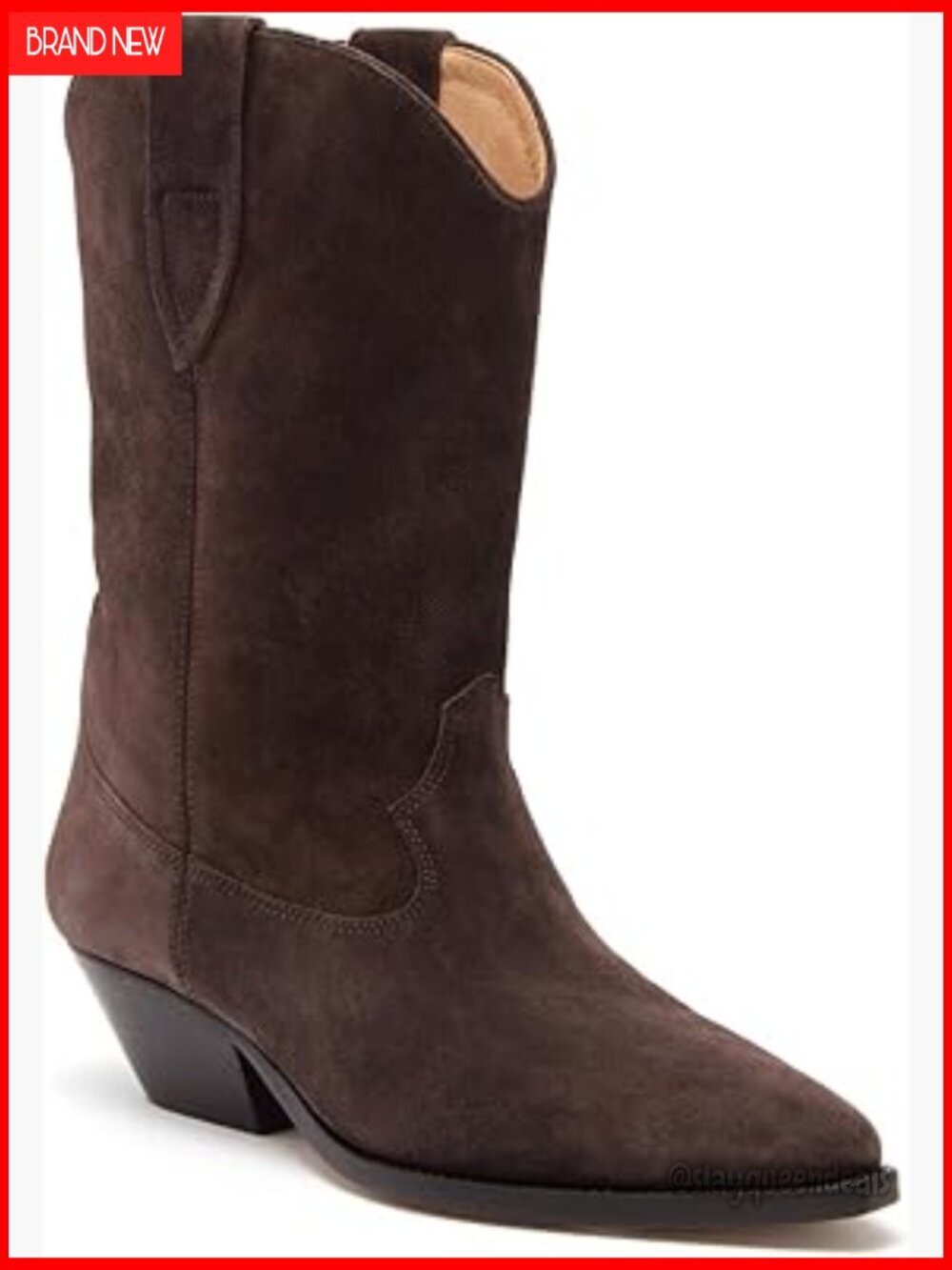 Suede Cowboy Boots Pointed Toe Mid-Calf Western Boots Chunky Heel Pull-On